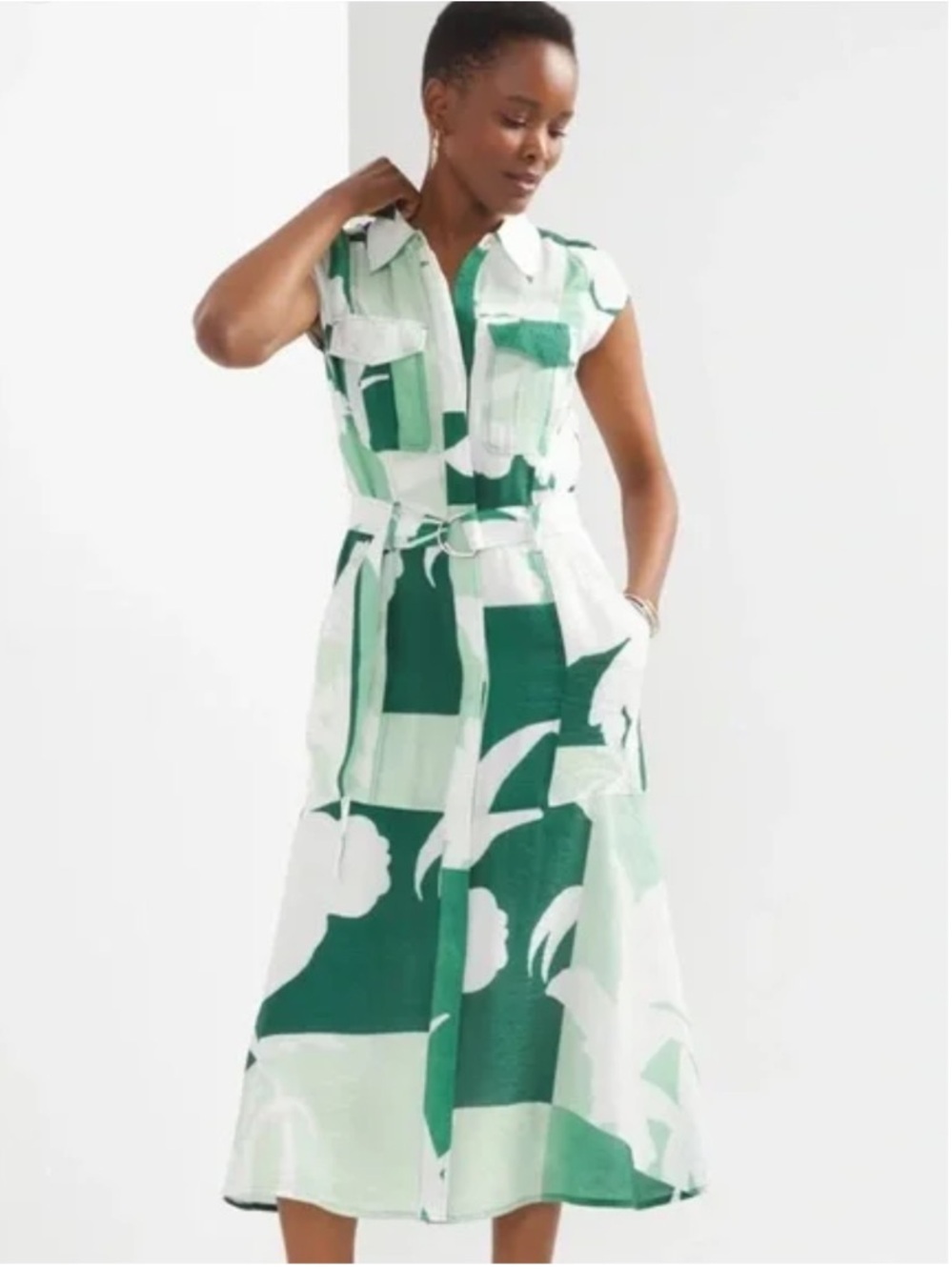 White House Black Market Green and White Midi Belted Button Up Sundress